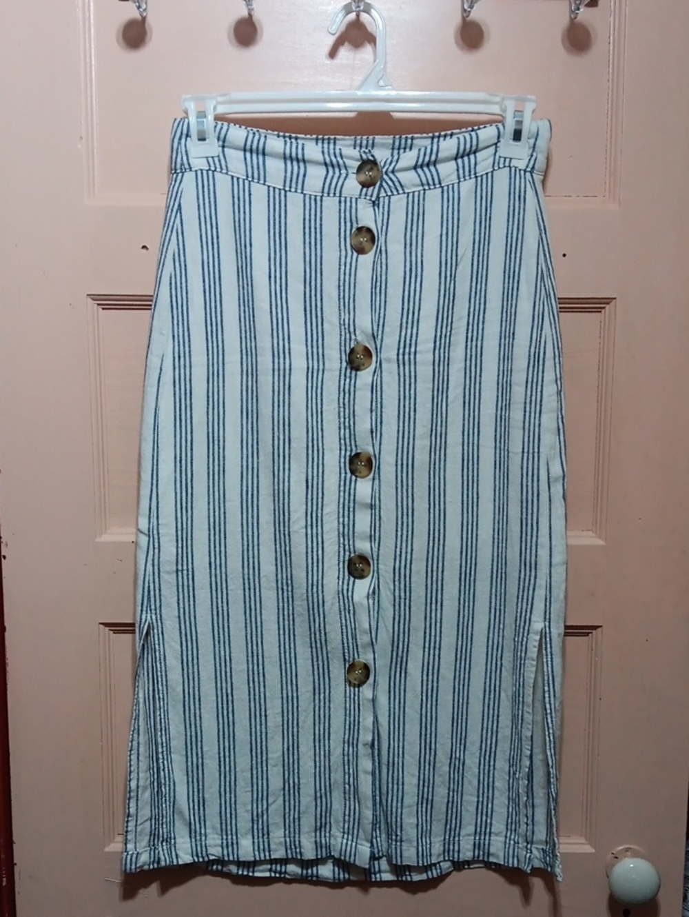 Liquid X Linen Blend Button-Front Blue & White Striped Lined Midi Skirt
